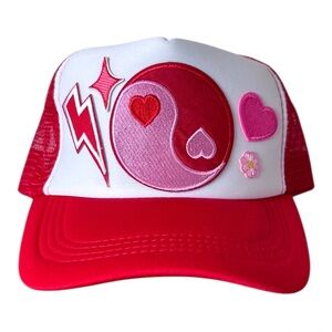 Red & White Yin-Yang Heart Trucker Hat